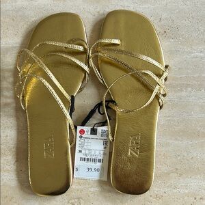 NWT! Zara Strappy Metallic Gold Slides Sandals 36